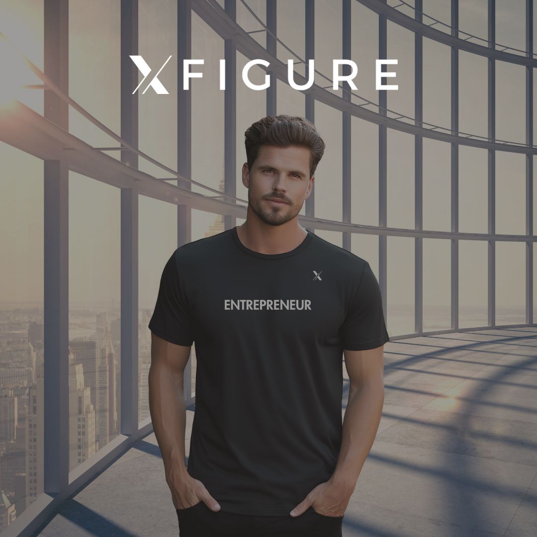 XFIGURE Entrepreneur T-Shirt - A confident man wearing a black t-shirt with 'Entrepreneur' printed on it, representing ambition and success.